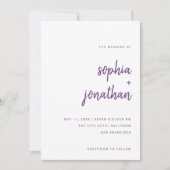 Modern minimalistisch script White en Paars Weddin Kaart (Voorkant)