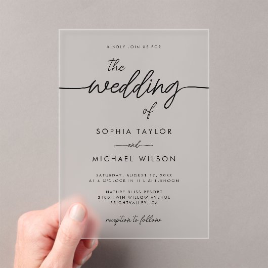 Modern minimalistisch script zwart bruiloft acryl uitnodigingen (Insitu (Draagbaar))