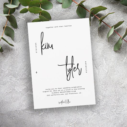 Modern minimalistisch script zwart-wit bruiloft kaart