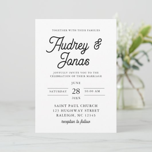 Modern minimalistisch script zwart-wit bruiloft kaart (Staand voorkant)