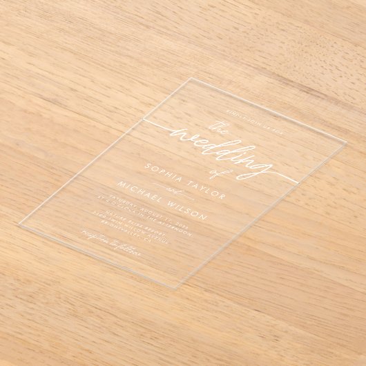 Modern minimalistisch script zwart-wit huwelijk acryl uitnodigingen (Laagn)
