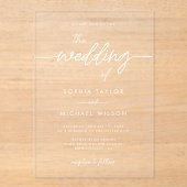 Modern minimalistisch script zwart-wit huwelijk acryl uitnodigingen (Voorkant)