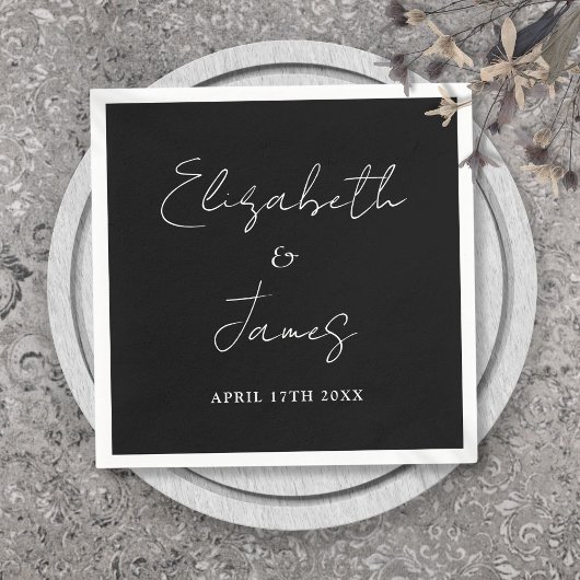 Modern minimalistisch script zwart-wit huwelijk servet