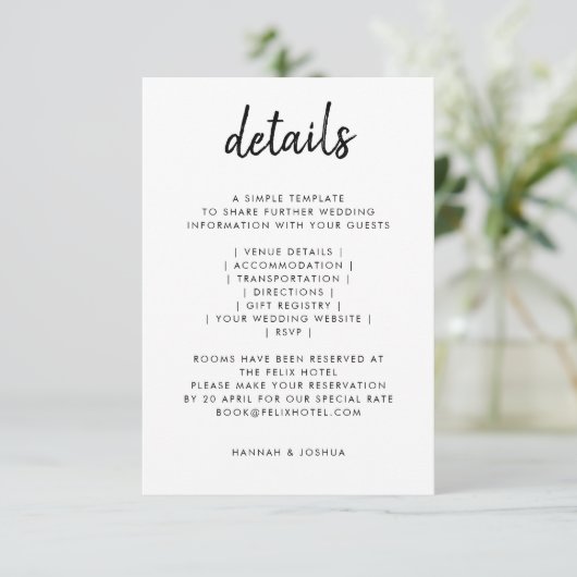 Modern minimalistisch | Stijlvol script Simple Wed Informatiekaartje (Staand voorkant)