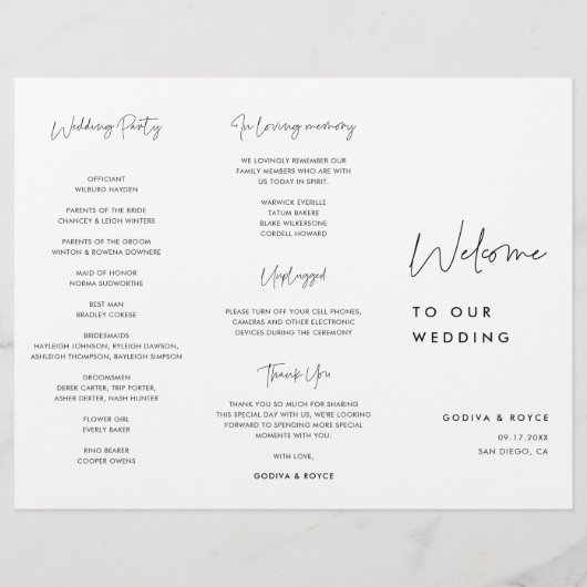 Modern minimalistisch trifold bruiloft programma flyer (Achterkant)