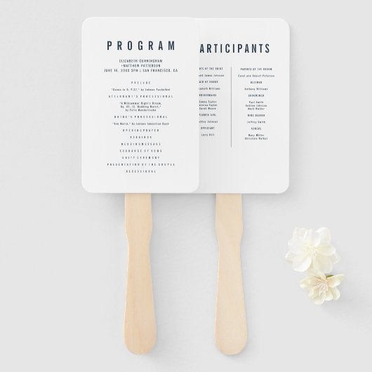 Modern + minimalistisch Typografie Wedding Program Handwaaier (Voorkant en achterkant)