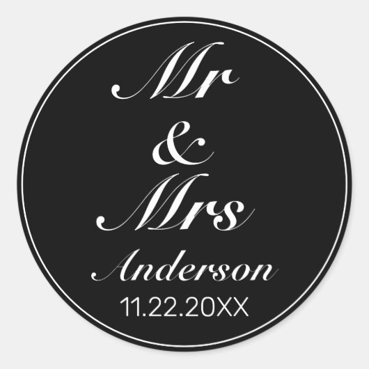 Modern Minimalistisch Wit Zwart MR MRS Bruiloft Ronde Sticker (Voorkant)
