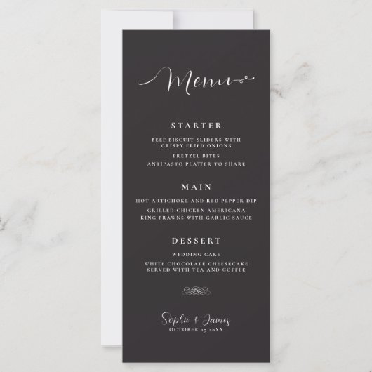 Modern Minimalistisch Zwart Bruiloft Diner Menu (Voorkant)