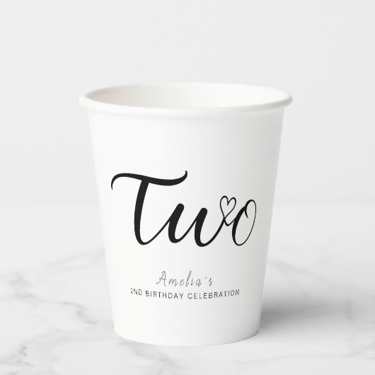 Modern minimalistisch zwart script 2e verjaardag papieren bekers (Voorkant)