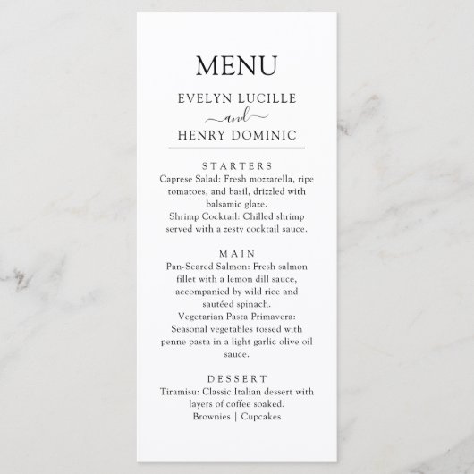 Modern minimalistisch zwart script bruiloft diner menu (Voorkant)