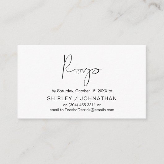 Modern minimalistisch zwart script, bruiloft RSVP Informatiekaartje (Voorkant)