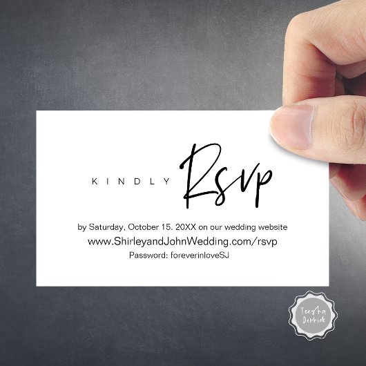 Modern minimalistisch, zwart script, online RSVP E Informatiekaartje
