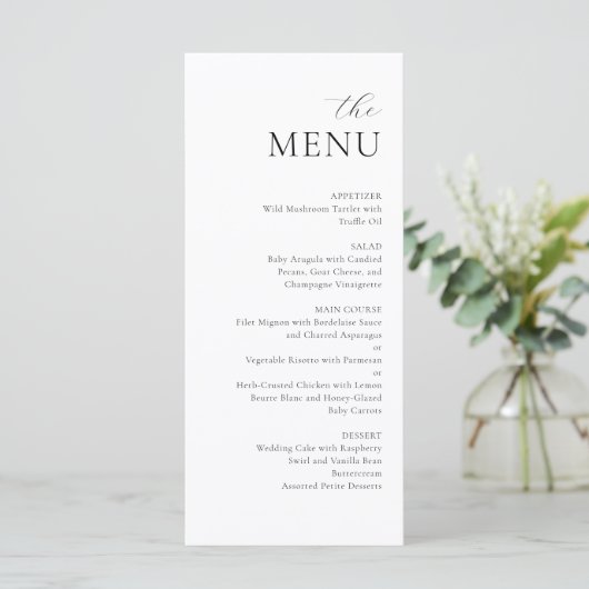 Modern minimalistisch zwart wit elegant huwelijksm menu (Staand voorkant)
