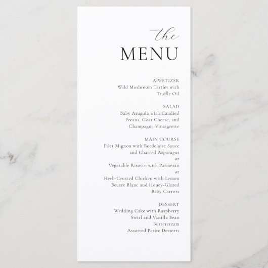 Modern minimalistisch zwart wit elegant huwelijksm menu (Voorkant)