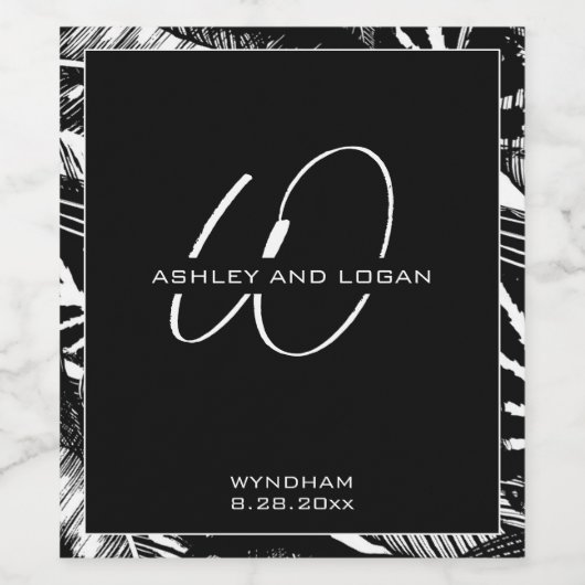 Modern minimalistisch zwart-wit monogram huwelijk wijn etiket (Enkel label)
