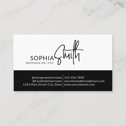 Modern minimalistisch zwart-wit script stijlvol visitekaartje (Achterkant)