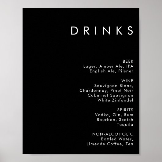 Modern Minimalistisch | Zwarte Trouw Drankenkaart Poster (Voorkant)