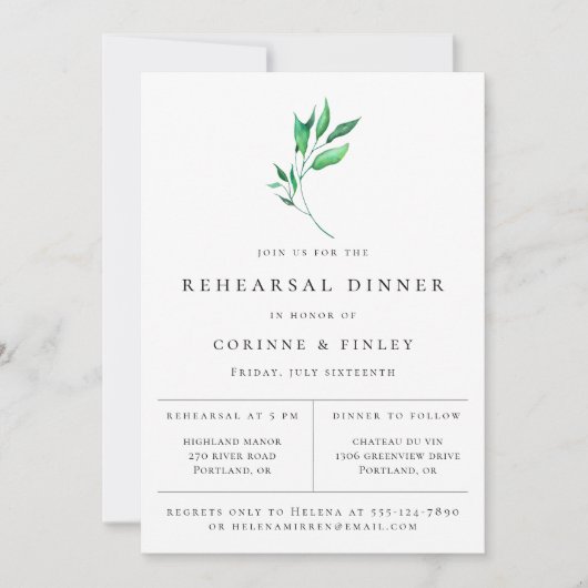 Modern minimalistische Greenery Rehearsal Dinner Aankondiging (Voorkant)