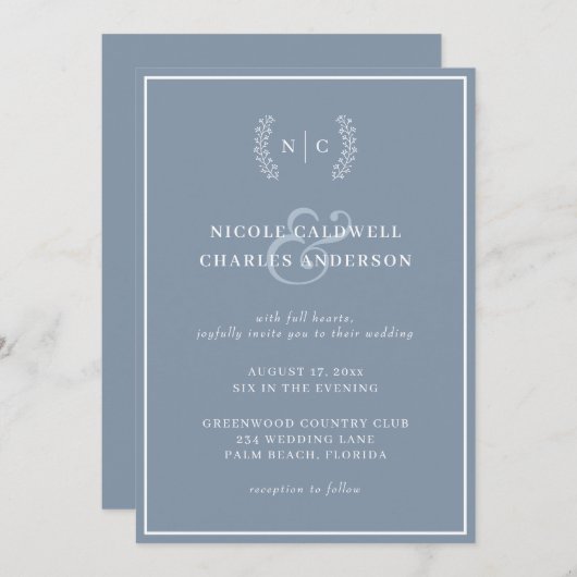 Modern minimalistische mosterdblauw monogram bruil kaart (Voorkant / Achterkant)