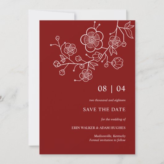 Modern minimalistische Red Cherry Blossom Save The Date (Voorkant)