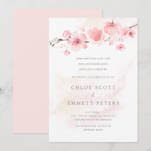Modern minimalistische roze kerry Blossom Wedding Kaart (Voorkant / Achterkant)