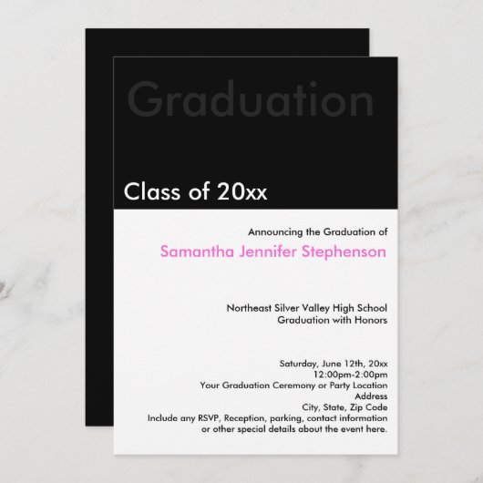 Modern Minimilast Black White Roze Afstuderen Kaart (Voorkant / Achterkant)