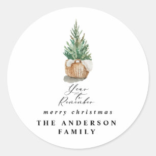 modern minimumjaar om de kerstboom te herinneren ronde sticker