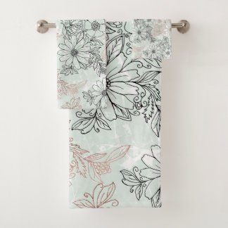 Modern Mint Black Roos Gold Floral Marble Bad Handdoek