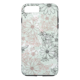 Modern Mint Black Roos Gold Floral Marble iPhone 8 Plus / 7 Plus Hoesje