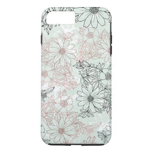 Modern Mint Black Roos Gold Floral Marble Case-Mate iPhone Case (Achterkant)