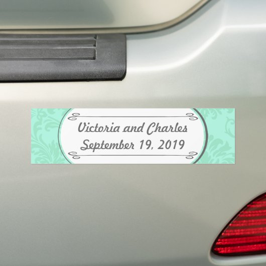 Modern Mint Damask Wedding Invite Bumpersticker (Op auto)