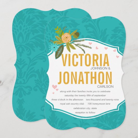 Modern Mint Damask Wedding Invite Kaart (Voorkant / Achterkant)