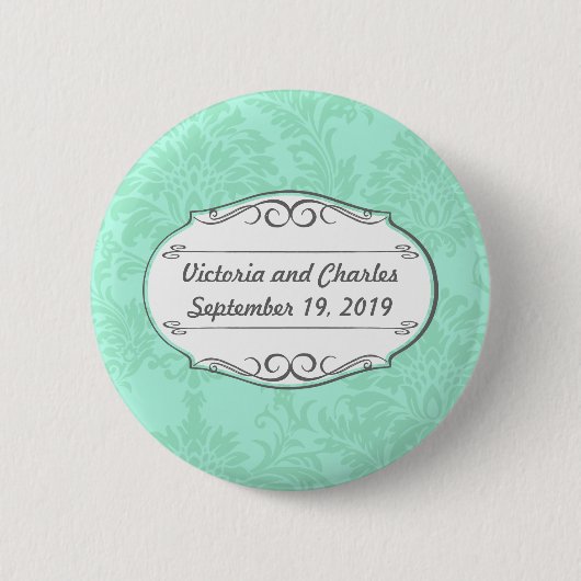 Modern Mint Damask Wedding Invite Ronde Button 5,7 Cm (Voorkant)