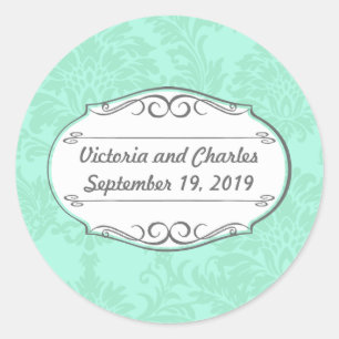 Modern Mint Damask Wedding Invite Ronde Sticker