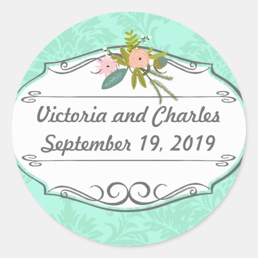 Modern Mint Damask Wedding Invite Ronde Sticker (Voorkant)