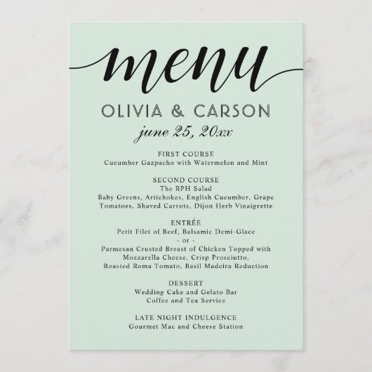 Modern Mint en Black Script Wedding Menu (Voorkant)