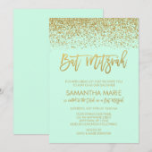 Modern Mint Faux Gold Glitter Bat Mitzvah Kaart (Voorkant / Achterkant)
