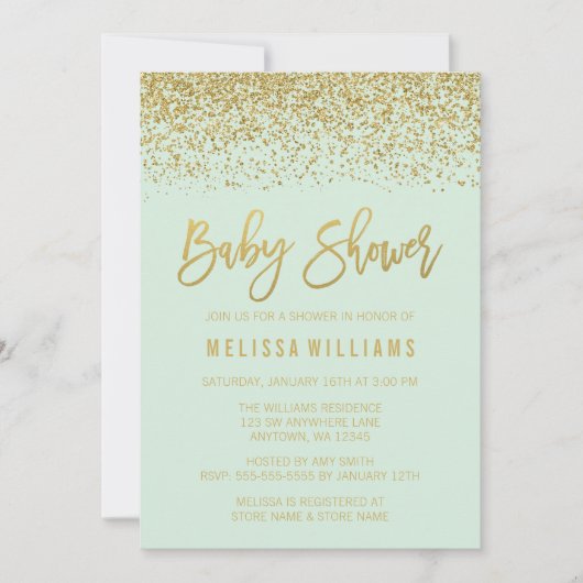 Modern Mint Gold Faux Glitter Baby shower Kaart (Voorkant)