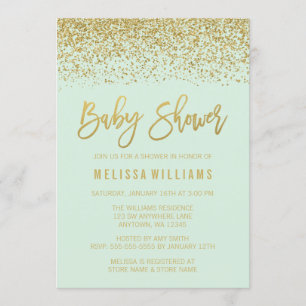 Modern Mint Gold Faux Glitter Baby shower Kaart