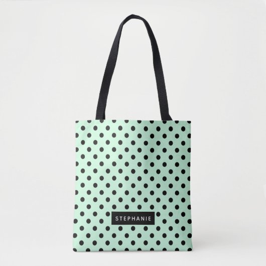 Modern Mint Green Black Polka Dot gepersonaliseerd Draagtas (Voorkant)