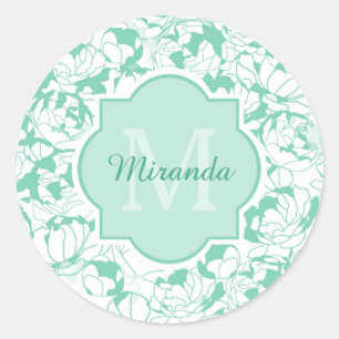 Modern Mint Green Floral Girly Monogram met naam Ronde Sticker