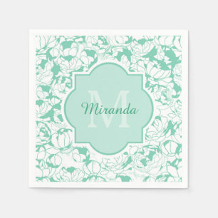 Modern Mint Green Floral Girly Monogram met naam Servet