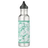 Modern Mint Green Floral Girly Monogram met naam Waterfles (Rechts)