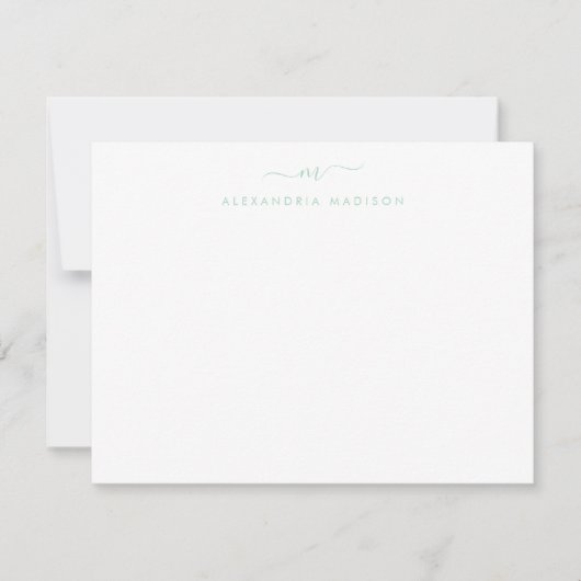 Modern Mint Green Script Monogram Swash Stationery Notitiekaartje (Voorkant)