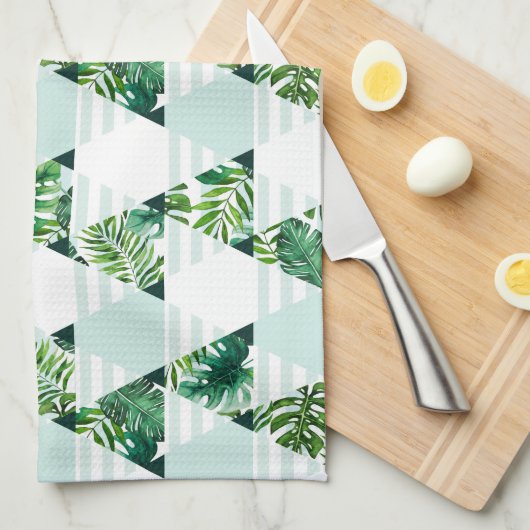 Modern Mint Green Tropical Geometric Theedoek (Quarter Fold)