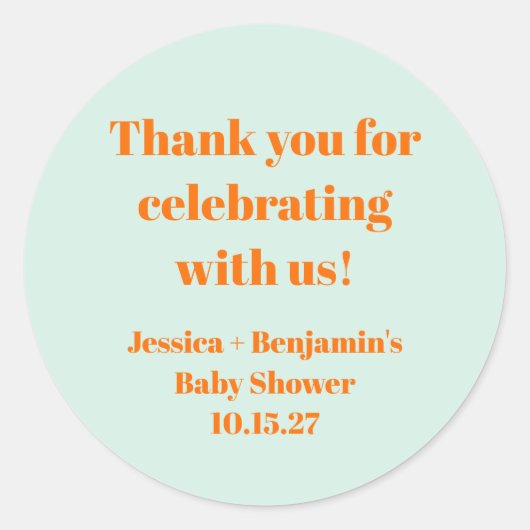 Modern Mint Sinaasappel Baby shower Custom Bedankt Ronde Sticker (Voorkant)