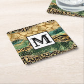 Modern Mixed Animal Print Monogram Vierkante Kartonnen Onderzetter (Schuin)