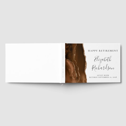 Modern Mocha Brown Gold Agate Script Pensioen Gastenboek (Volledig)