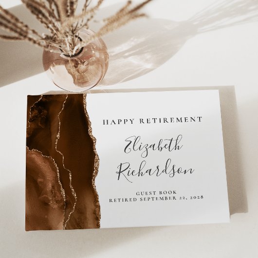 Modern Mocha Brown Gold Agate Script Pensioen Gastenboek