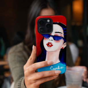 Modern Modieus Rood Blauw Stad Meisje Custom iPhone 16 Pro Hoesje